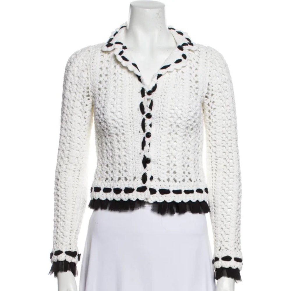 Vintage Chanel 05P Black and White Silk-trimmed Crochet Cardigan